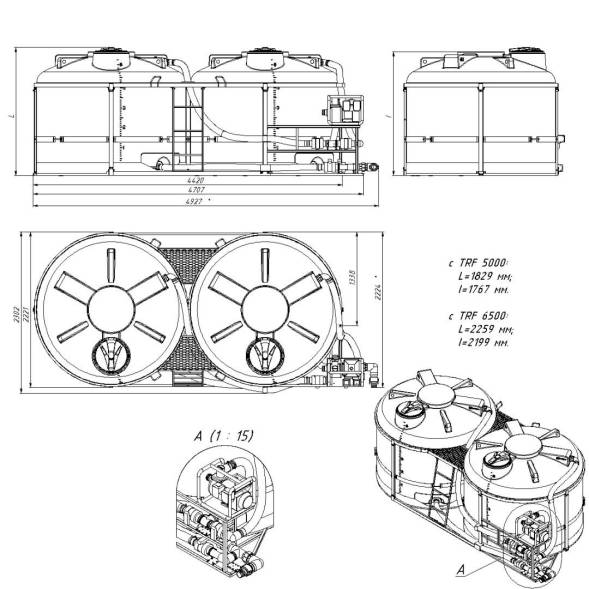 Комплекты полного слива ПВХ с заправочными модулями и площадкой для мотопомпы на две емкости TRF