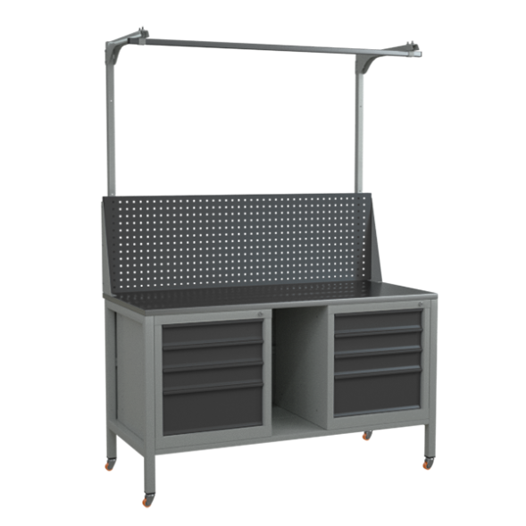 Верстак 1500 с 2 тумбами, экраном с консолями, полкой и колёсами [17003]