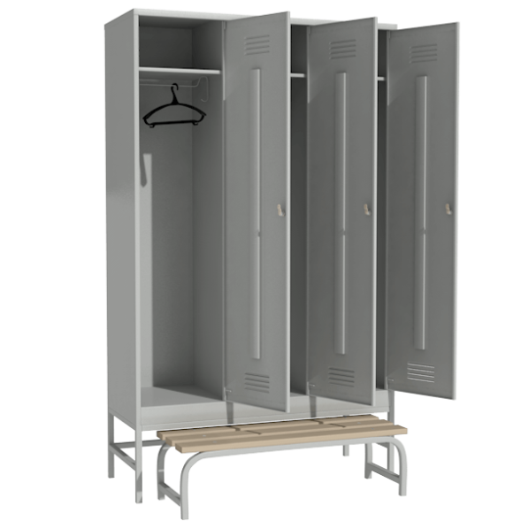 Шкаф металлический для хранения сменной одежды на подставке со скамьей [12813]