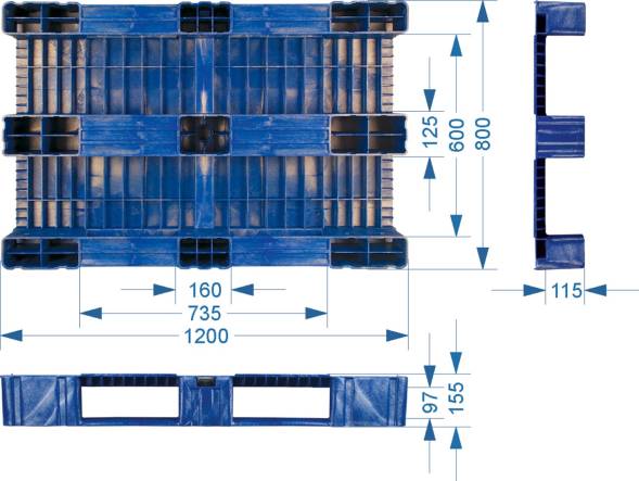 Паллет (поддон) пластиковый сплошной на 3-х полозьях, 1200x800х150 мм, синий  [1200800150-02]
