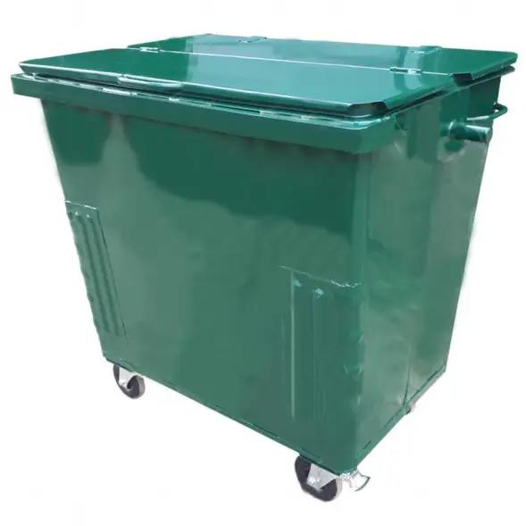 Металлический контейнер Waste Box 0,8 куб. м радиусный угол с крышкой и на колесах Зеленый