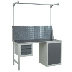 Верстак 1500 с экраном с консолями, подвесной тумбой и тумбой с полками [9529]