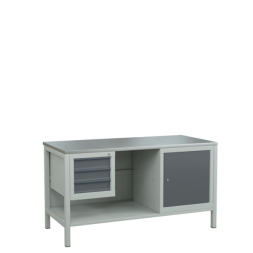 Верстак 1500 с полкой из промежуточных панелей, подвесной тумбой с 3 ящиками, тумбой с дверцей и полкой [9546]