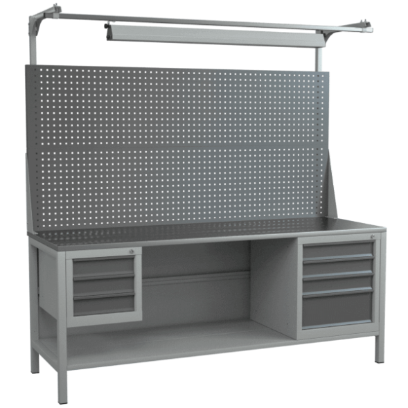 Верстак 2000 со светильником, полкой, двойным экраном, тумбой с 4 выдвижными ящиками, подвесной тумбой с 3 ящиками [18250]