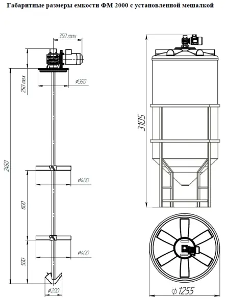Емкость ФМ 2000 в обрешетке с лопастной трехярусной Ж-Т мешалкой