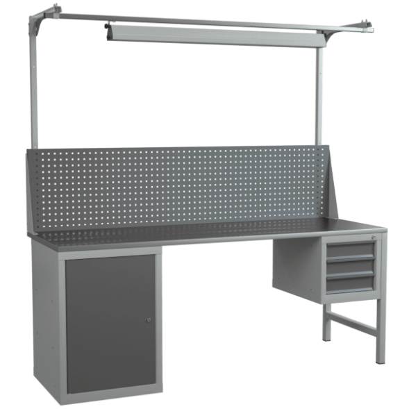 Верстак 2000 со светильником, экраном с консолями, подвесной тумбой с 3 ящиками и тумбой с дверцей и 2 полками [18268]