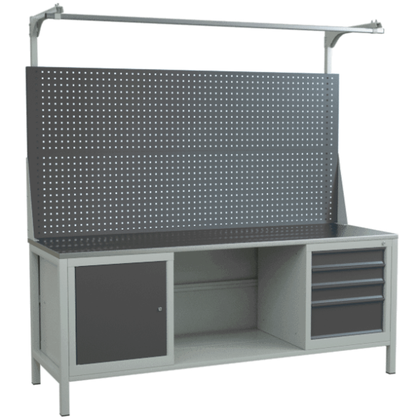 Верстак 2000 с двойным экраном, тумбой с полкой и тумбой с выдвижными ящиками [9562]